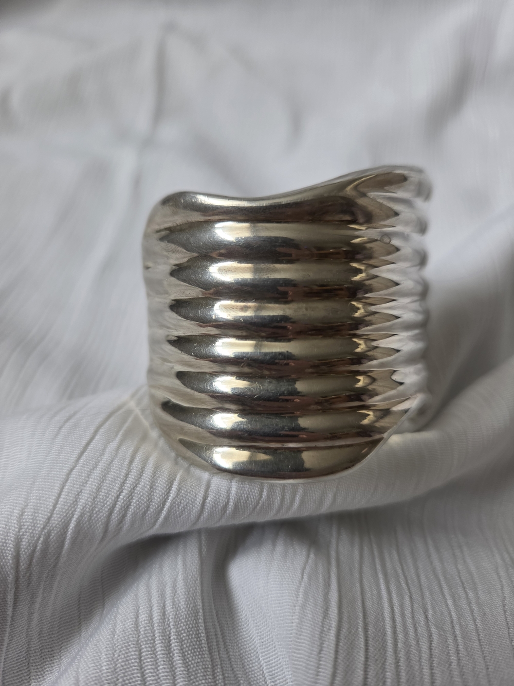 Vintage Sterling Silver Ribbed Beveled Wavy 4cm Wide Cuff Statement Bracelet 64g - Picture 9 of 17